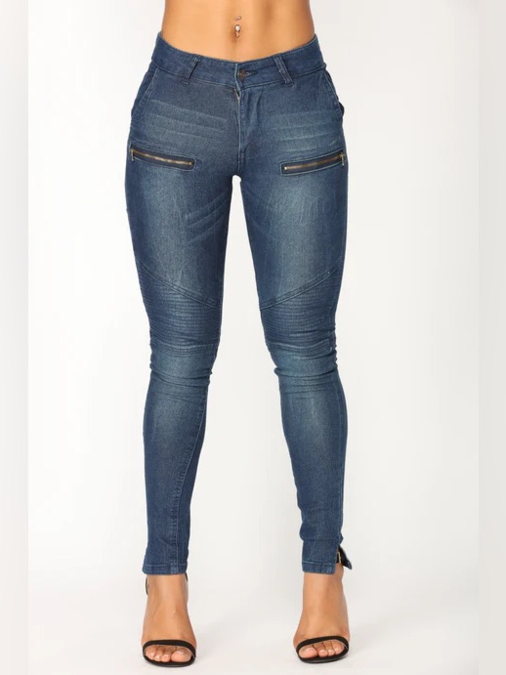 Fashion Nova Dark Blue Moto Skinny Jeans with Zip Accents